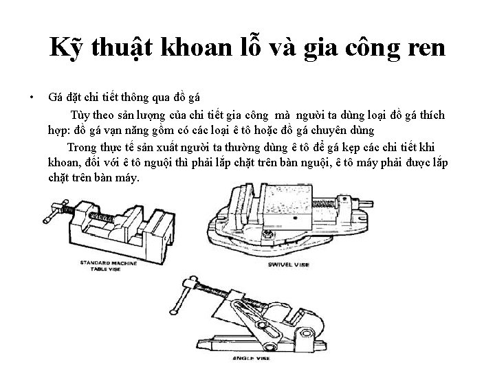 Kỹ thuật khoan lỗ và gia công ren • Gá đặt chi tiết thông