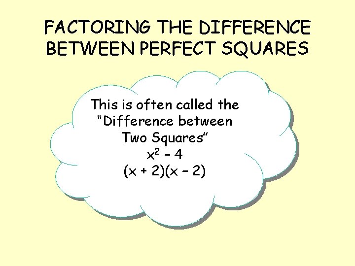 FACTORING THE DIFFERENCE BETWEEN PERFECT SQUARES This is often called the “Difference between Two
