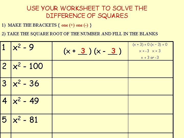 USE YOUR WORKSHEET TO SOLVE THE DIFFERENCE OF SQUARES 1) MAKE THE BRACKETS {