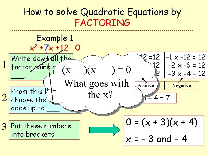 How to solve Quadratic Equations by FACTORING Example 1 x 2 +7 x +