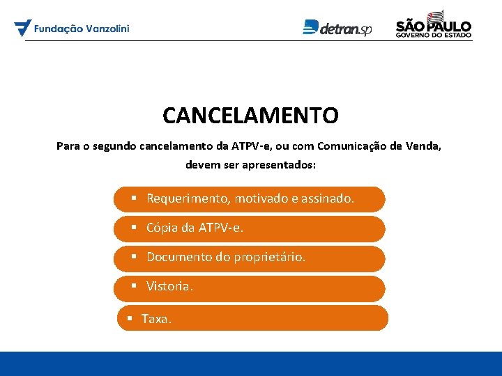 CANCELAMENTO Para o segundo cancelamento da ATPV-e, ou com Comunicação de Venda, devem ser