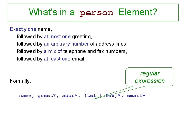 What’s in a person Element? Exactly one name, followed by at most one greeting,