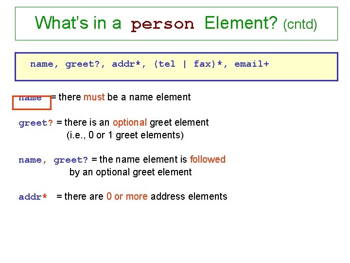 What’s in a person Element? (cntd) name, greet? , addr*, (tel | fax)*, email+