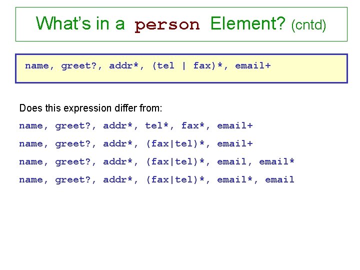 What’s in a person Element? (cntd) name, greet? , addr*, (tel | fax)*, email+