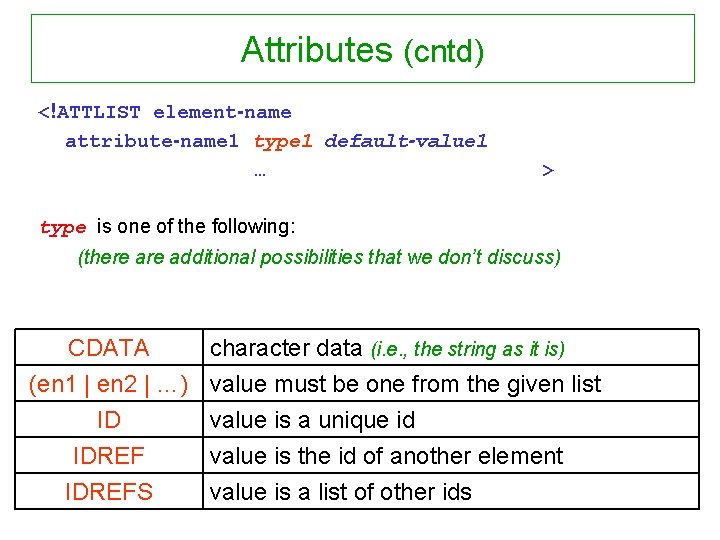 Attributes (cntd) <!ATTLIST element-name attribute-name 1 type 1 default-value 1 … > type is