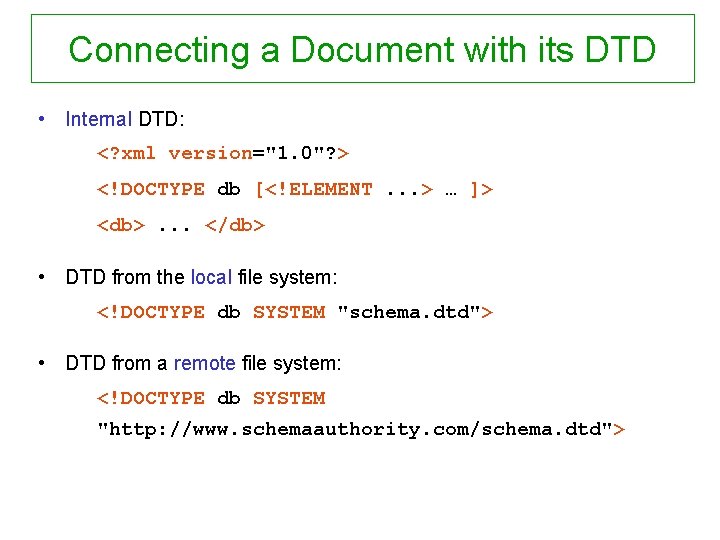 Connecting a Document with its DTD • Internal DTD: <? xml version="1. 0"? >