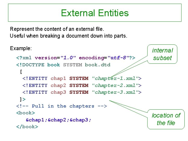 External Entities Represent the content of an external file. Useful when breaking a document