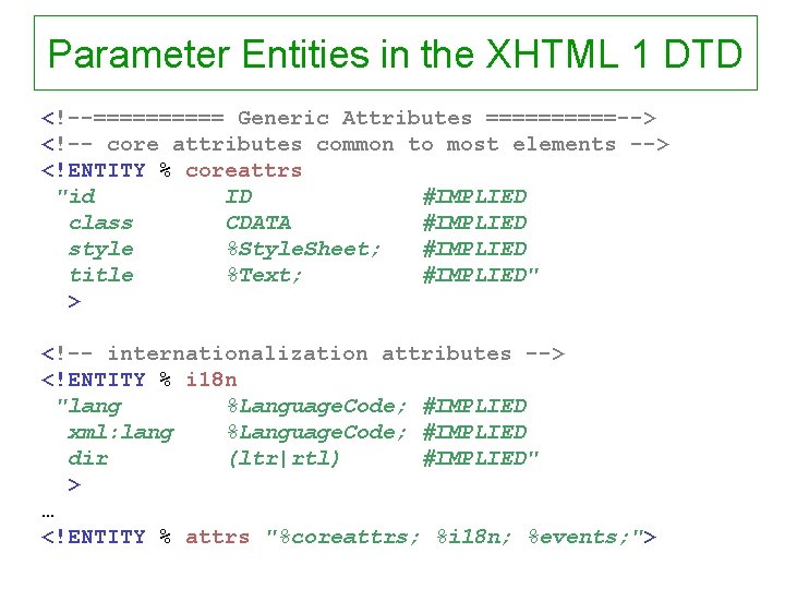 Parameter Entities in the XHTML 1 DTD <!--===== Generic Attributes =====--> <!-- core attributes