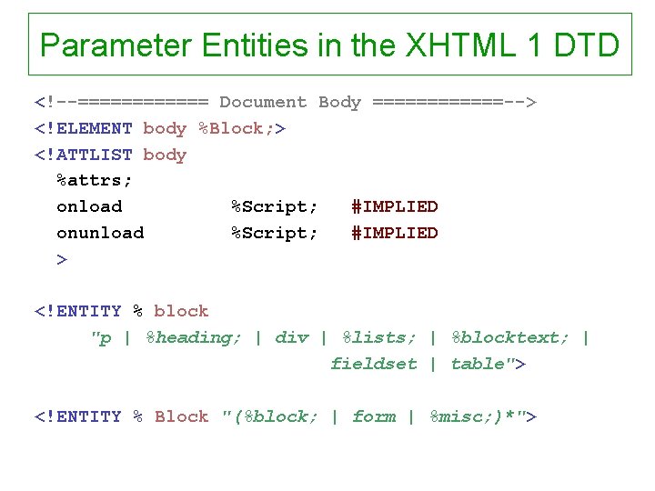 Parameter Entities in the XHTML 1 DTD <!--====== Document Body ======--> <!ELEMENT body %Block;