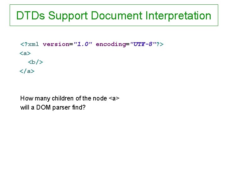 DTDs Support Document Interpretation <? xml version="1. 0" encoding="UTF-8"? > <a> <b/> </a> How