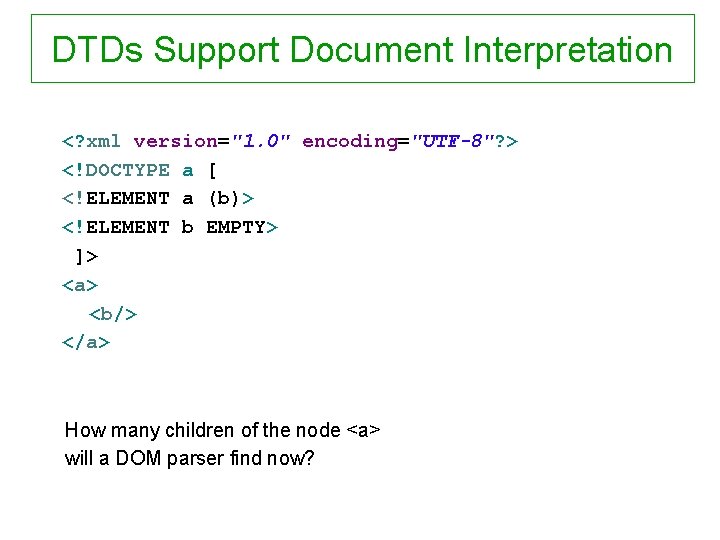 DTDs Support Document Interpretation <? xml version="1. 0" encoding="UTF-8"? > <!DOCTYPE a [ <!ELEMENT