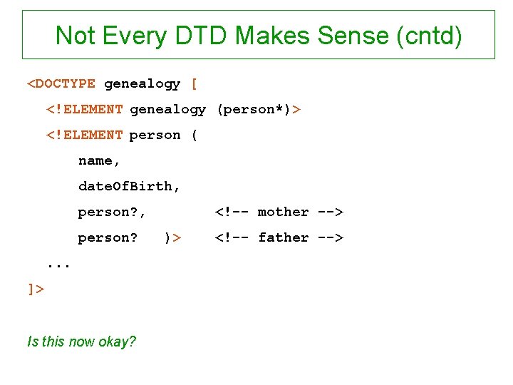 Not Every DTD Makes Sense (cntd) <DOCTYPE genealogy [ <!ELEMENT genealogy (person*)> <!ELEMENT person