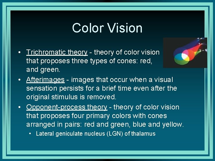 Color Vision • Trichromatic theory - theory of color vision that proposes three types