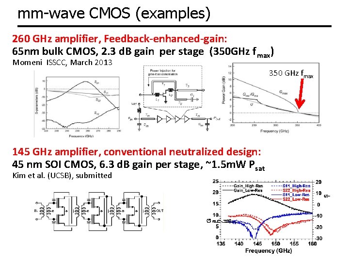 mm-wave CMOS (examples) 260 GHz amplifier, Feedback-enhanced-gain: 65 nm bulk CMOS, 2. 3 d.