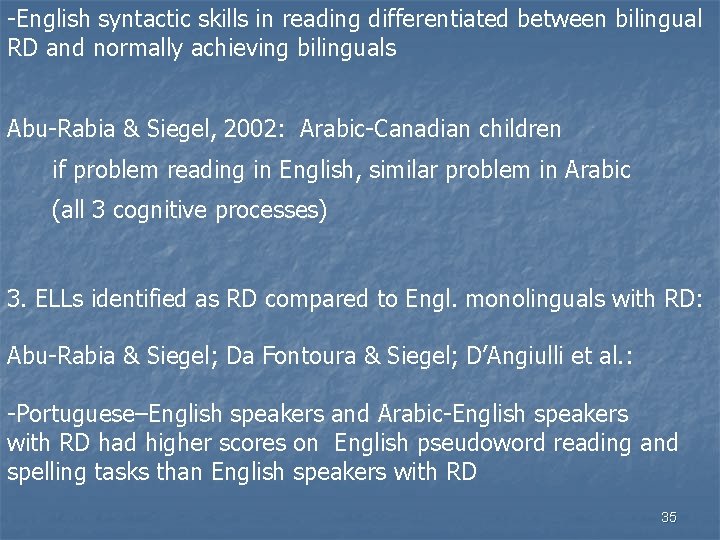 -English syntactic skills in reading differentiated between bilingual RD and normally achieving bilinguals Abu-Rabia