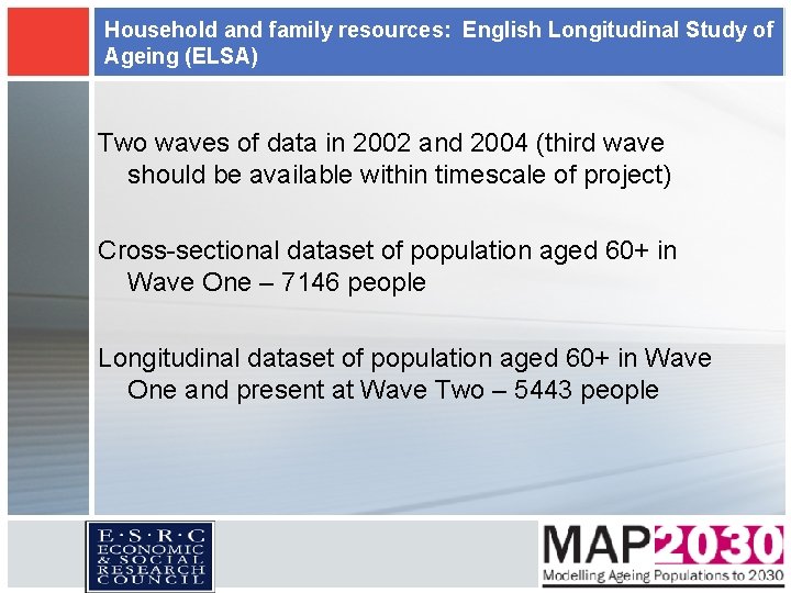 Household and family resources: English Longitudinal Study of Ageing (ELSA) Two waves of data Household and family resources: English Longitudinal Study of Ageing (ELSA) Two waves of data