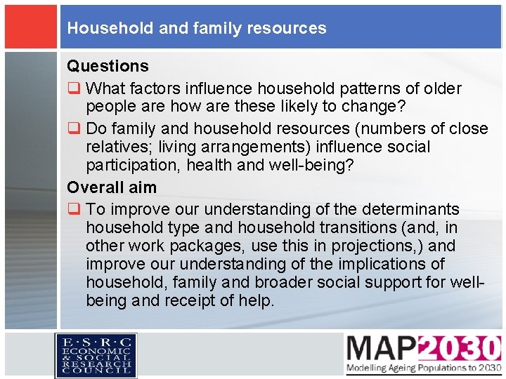 Household and family resources Questions q What factors influence household patterns of older people Household and family resources Questions q What factors influence household patterns of older people
