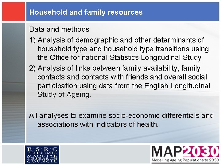 Household and family resources Data and methods 1) Analysis of demographic and other determinants Household and family resources Data and methods 1) Analysis of demographic and other determinants