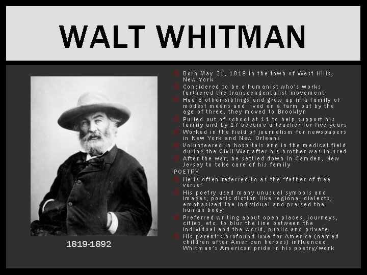 WALT WHITMAN 1819 -1892 Born May 31, 1819 in the town of West Hills,