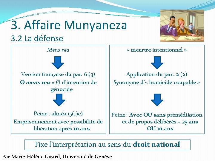 3. Affaire Munyaneza 3. 2 La défense Mens rea « meurtre intentionnel » Version