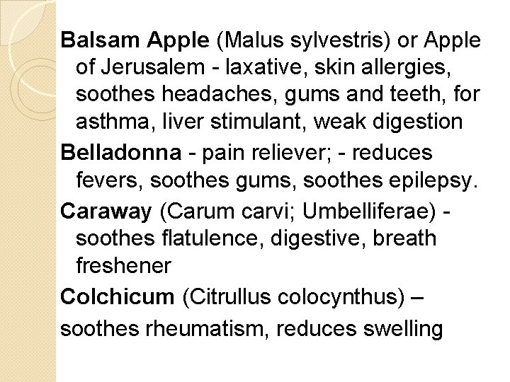 Balsam Apple (Malus sylvestris) or Apple of Jerusalem - laxative, skin allergies, soothes headaches,