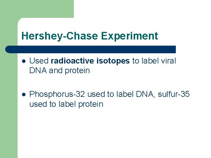 Hershey-Chase Experiment l Used radioactive isotopes to label viral DNA and protein l Phosphorus-32 Hershey-Chase Experiment l Used radioactive isotopes to label viral DNA and protein l Phosphorus-32