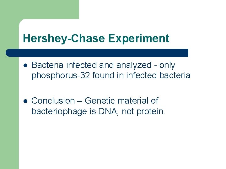 Hershey-Chase Experiment l Bacteria infected analyzed - only phosphorus-32 found in infected bacteria l Hershey-Chase Experiment l Bacteria infected analyzed - only phosphorus-32 found in infected bacteria l