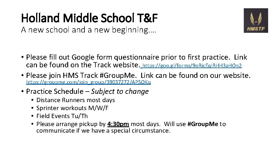 Holland Middle School T&F A new school and a new beginning…. • Please fill