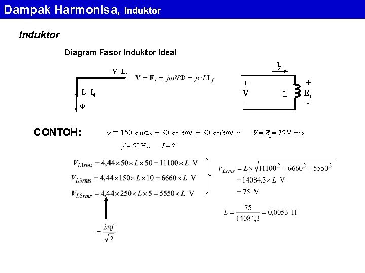 Dampak Harmonisa, Induktor Diagram Fasor Induktor Ideal If V=Ei + V - If =I