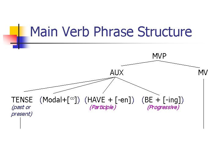 Main Verb Phrase Structure MVP AUX TENSE (Modal+[∞]) (HAVE + [-en]) (past or present)