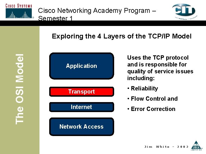 Cisco Networking Academy Program – Semester 1 The OSI Model Exploring the 4 Layers