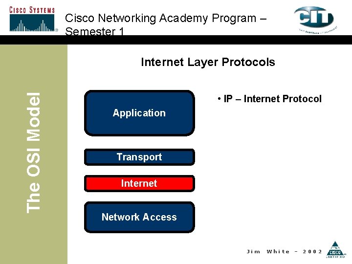 Cisco Networking Academy Program – Semester 1 The OSI Model Internet Layer Protocols •