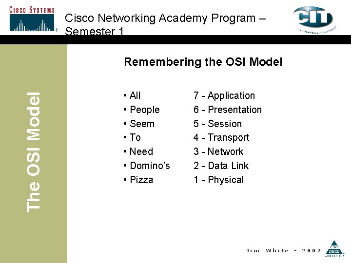 Cisco Networking Academy Program – Semester 1 The OSI Model Remembering the OSI Model