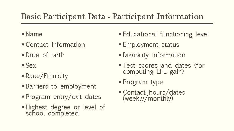 Basic Participant Data - Participant Information § Name § Educational functioning level § Contact