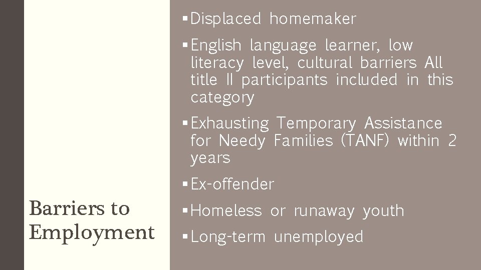 § Displaced homemaker § English language learner, low literacy level, cultural barriers All title