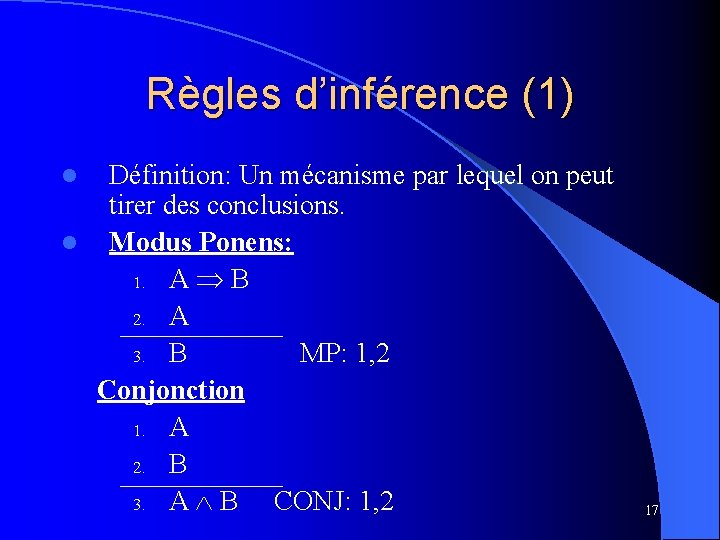 Règles d’inférence (1) Définition: Un mécanisme par lequel on peut tirer des conclusions. l