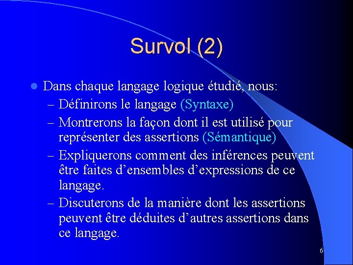 Survol (2) l Dans chaque langage logique étudié, nous: – Définirons le langage (Syntaxe)