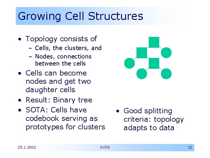 Growing Cell Structures • Topology consists of – Cells, the clusters, and – Nodes,