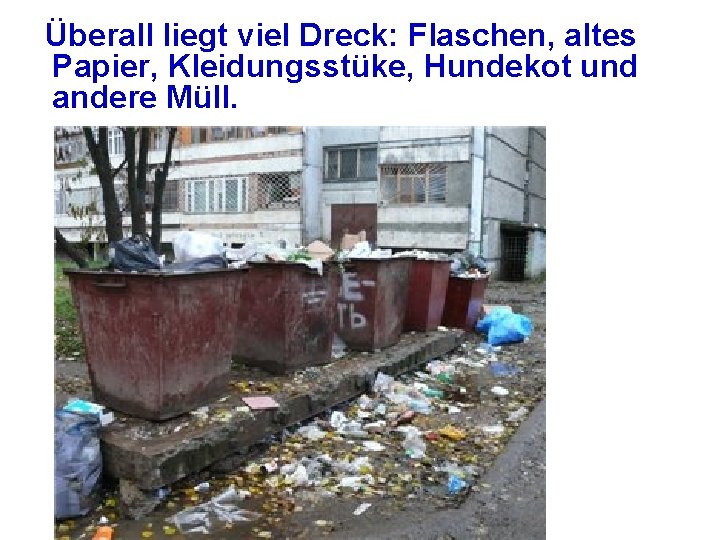 Überall liegt viel Dreck: Flaschen, altes Papier, Kleidungsstüke, Hundekot und andere Müll. 