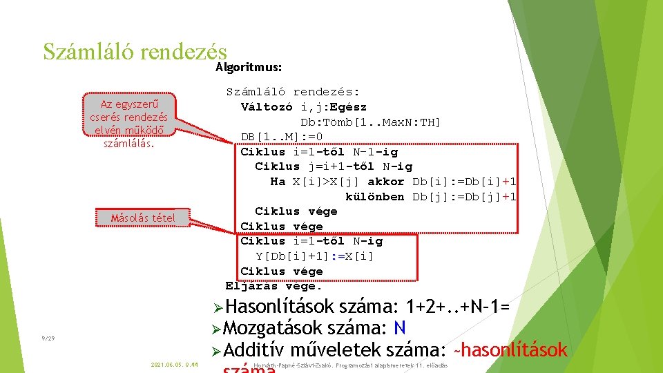 Számláló rendezés. Algoritmus: Az egyszerű cserés rendezés elvén működő számlálás. Másolás tétel Számláló rendezés: