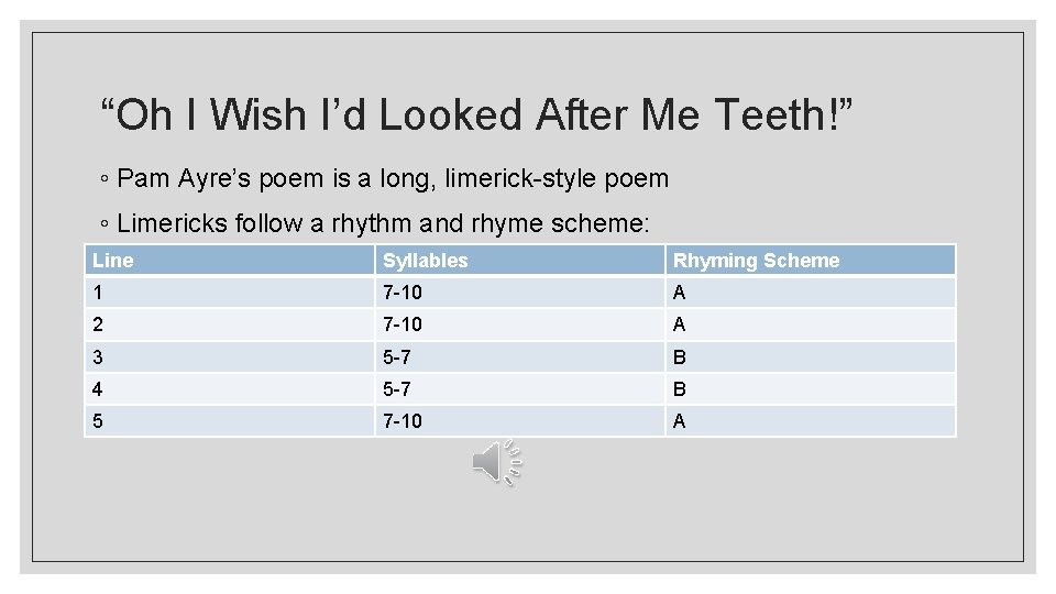 “Oh I Wish I’d Looked After Me Teeth!” ◦ Pam Ayre’s poem is a