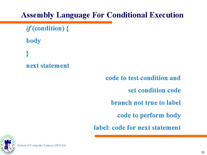 Assembly Language For Conditional Execution if (condition) { body } next statement code to
