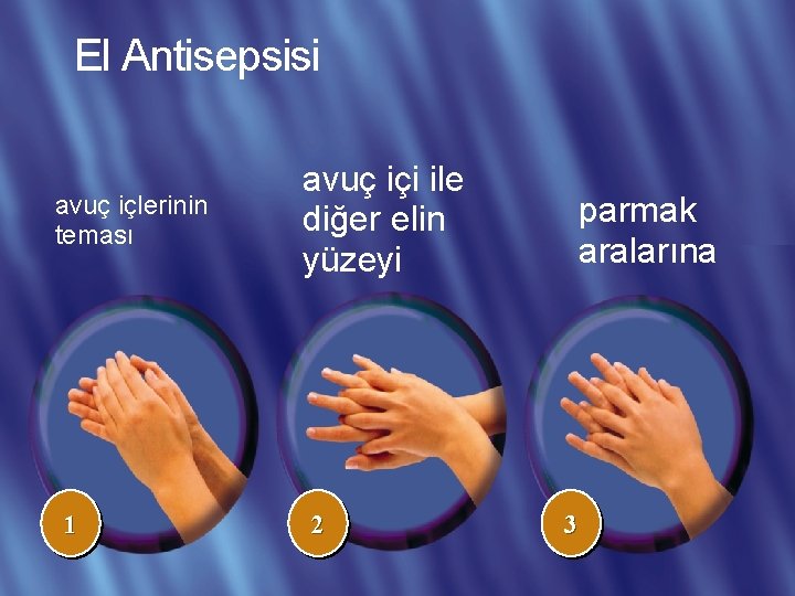 El Antisepsisi avuç içlerinin teması 1 avuç içi ile diğer elin yüzeyi 2 parmak