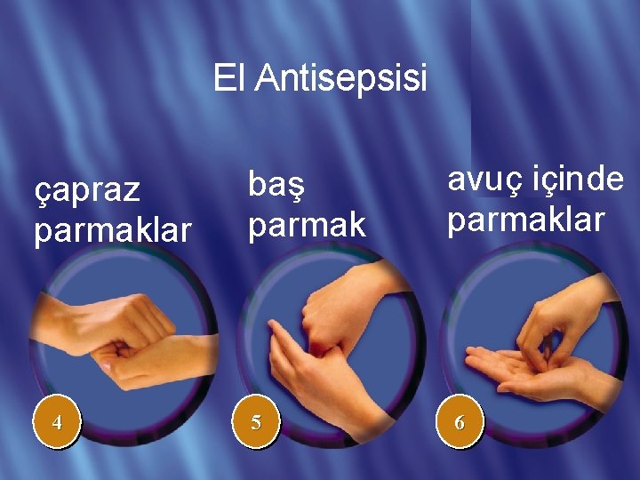 El Antisepsisi çapraz parmaklar 4 baş parmak 5 avuç içinde parmaklar 6 