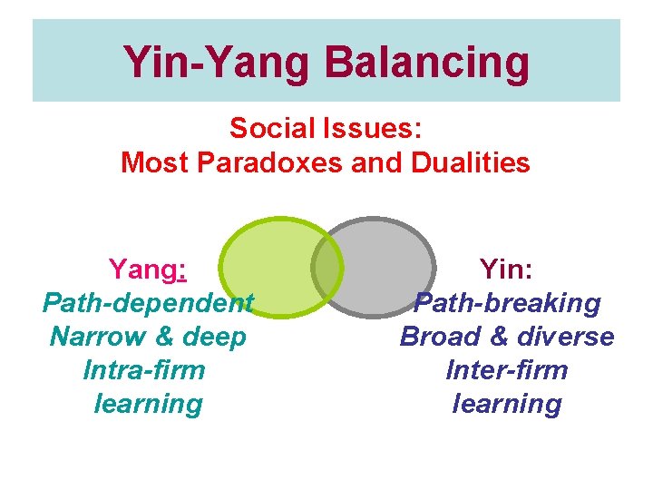 Yin-Yang Balancing Social Issues: Most Paradoxes and Dualities Yang: Path-dependent Narrow & deep Intra-firm