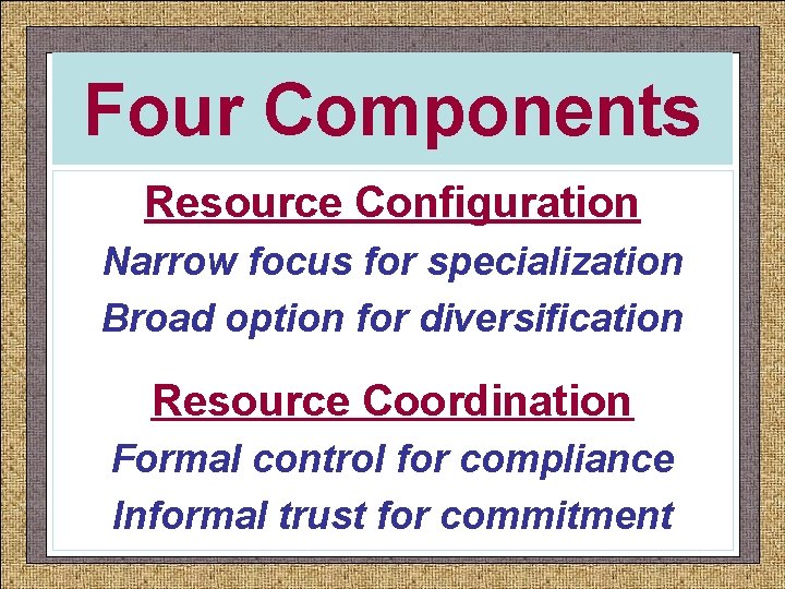 Four Components Resource Configuration Narrow focus for specialization 李平 Peter Ping Li 加州州立大学商学院管理系 Broad