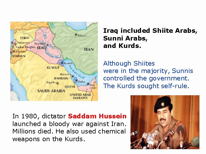 Iraq included Shiite Arabs, Sunni Arabs, and Kurds. Although Shiites were in the majority,