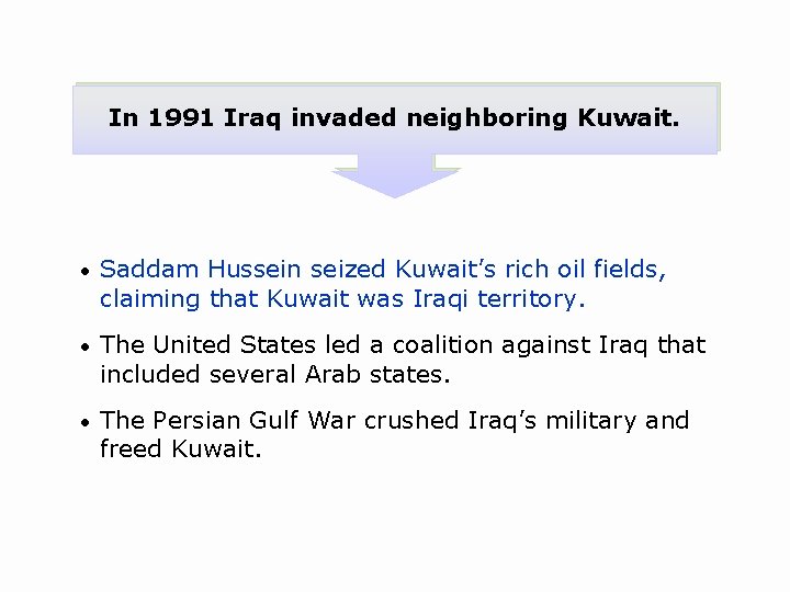 In 1991 Iraq invaded neighboring Kuwait. • Saddam Hussein seized Kuwait’s rich oil fields,
