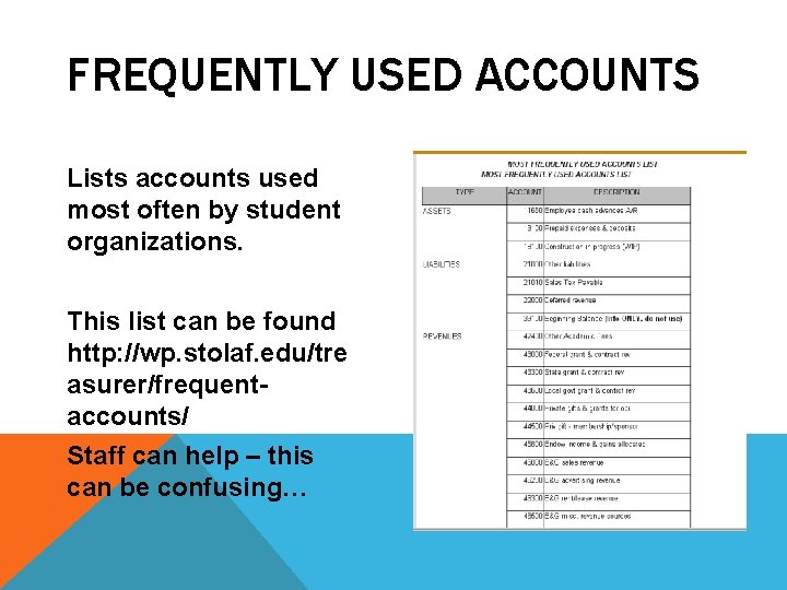 FREQUENTLY USED ACCOUNTS Lists accounts used most often by student organizations. This list can