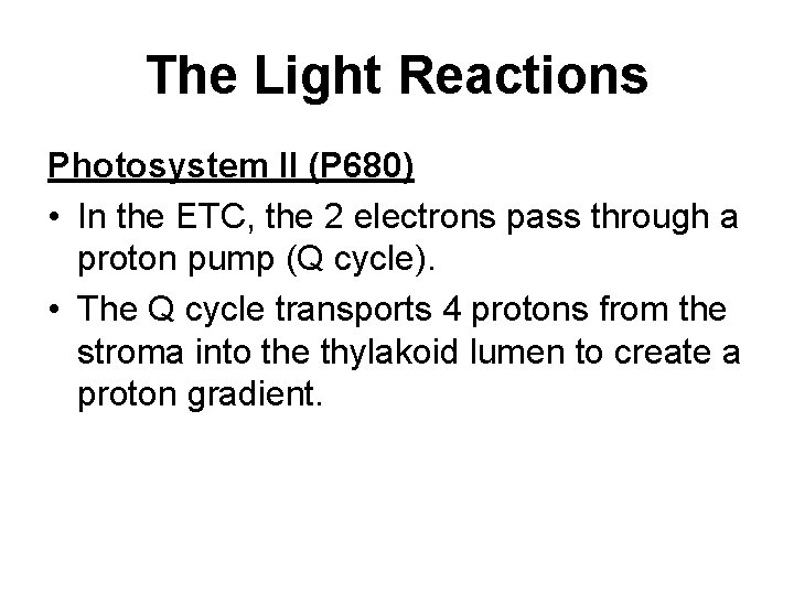 The Light Reactions Photosystem II (P 680) • In the ETC, the 2 electrons